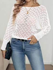 Louniche Suéter holgado de mujer con mangas de murciélago y hombros descubiertos, de textura hueca y versátil para uso casual y de vacaciones, primavera/verano - Beis - Ver 5