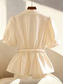 Franclia Milk White Waist Cinched Short Sleeve Jacket / Puff Sleeve Lapel Commuter Casual Versatile Outerwear - Apricot - View 2