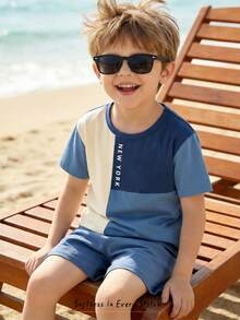 Cozy Pixies 2 pièces/set Top à manches courtes col rond tricoté et short taille élastique pour jeune garçon, en couleurs contrastées - Bleu azur - Voir 11