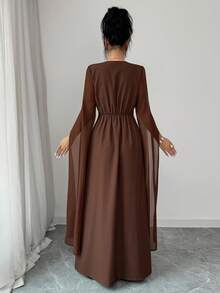 SHEIN Elenzya 女士咖啡色方领不对称腰部褶皱金属扣开衩袖修身优雅通勤连衣裙，春夏款 - 咖啡 - 查看 2