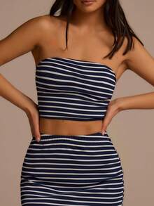 Fluxe 女士条纹露脐抹胸上衣和迷你裙休闲两件套 - 藍白色 - 查看 6
