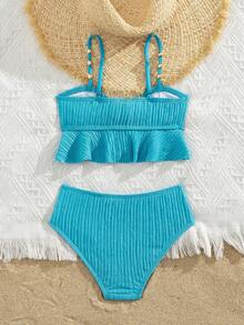 SHEIN Sparklyn Summer Beach Vacation Cute Solid Color 2pcs Swimwear Set For Young Girl - Blue - View 2