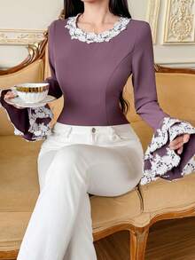 DAZY Women's Elegant Contrast Color Lace Patchwork Round Neck Flare Sleeve Blouse, Spring/Summer - Purple - View 6