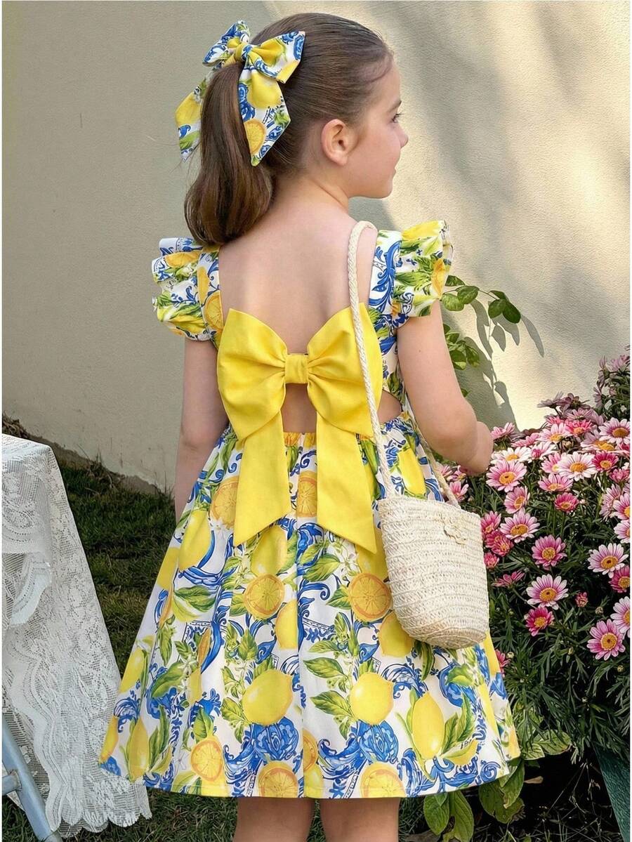 LMoss Kids Young Girl Chiffon Ditsy Floral Square Collar Ruffle Hem Casual Dress - Multicolor - View 1