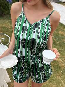 DAZY 3pcs/Set Tropical Plant & Striped Print Pajama Set, Vacation Style For Women - Green - View 6