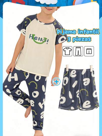 Pijama Infantil para Niño Primavera/Verano 3 Piezas Camiseta de Manga Corta + Pantalón Largo + Short | Suave y Cómodo para Dormir y Estar en Casa
