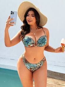 Swim Vcay Große Größen 2-teiliger Badeanzug, Damen sexy zufälliger Leoparden-Muster verstellbarer Metall-Dekor Bikini-Set, geeignet für Strand und Urlaub - Verschiedenfarbig - Übersicht 3