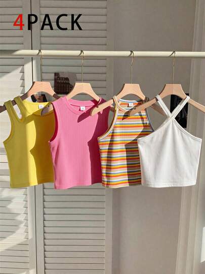 4 chiếc áo tank top không tay khoét rỗng họa tiết macaron nhiều màu sắc cho bé gái, nhiều kiểu dáng.