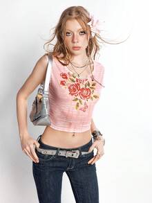 Bloopia 女士玫瑰印花镂空休闲衬衫 - 粉色 - 查看 1