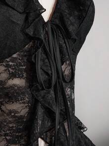 SHEIN ICON 大码女式蕾丝拼接荷叶边吊带系带性感百搭上衣，适合约会和外出穿着 - 黑色 - 查看 8