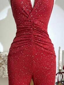 Franclia 女士优雅性感休闲派对金属光泽V领露背修身喇叭裤连体裤，纯红色 - 紅色 - 查看 6