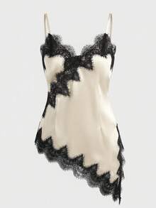 Selianne Women's Elegant Solid Black Lace Patchwork Asymmetric Hem Glossy Fabric Sleeveless Camisole Two Pieces Set, Spring/Summer - Multicolor - View 4