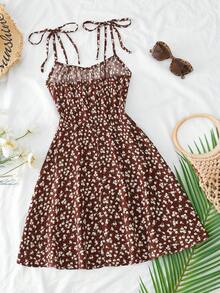 SHEIN Franclia 女士吊带系带碎花迷你连衣裙 - 咖啡棕 - 查看 2