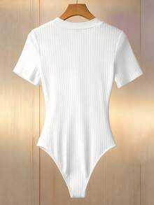 Franclia 女士时尚优雅罗纹蝴蝶结设计短袖连体衣 - 白色 - 查看 2