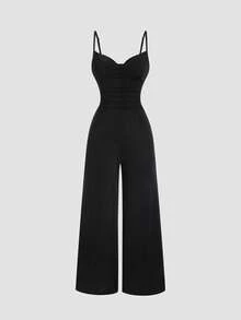 Sweetra Women's Solid Color Plunging Neck Sequin Jumpsuit, Spring/Summer - Black - View 3
