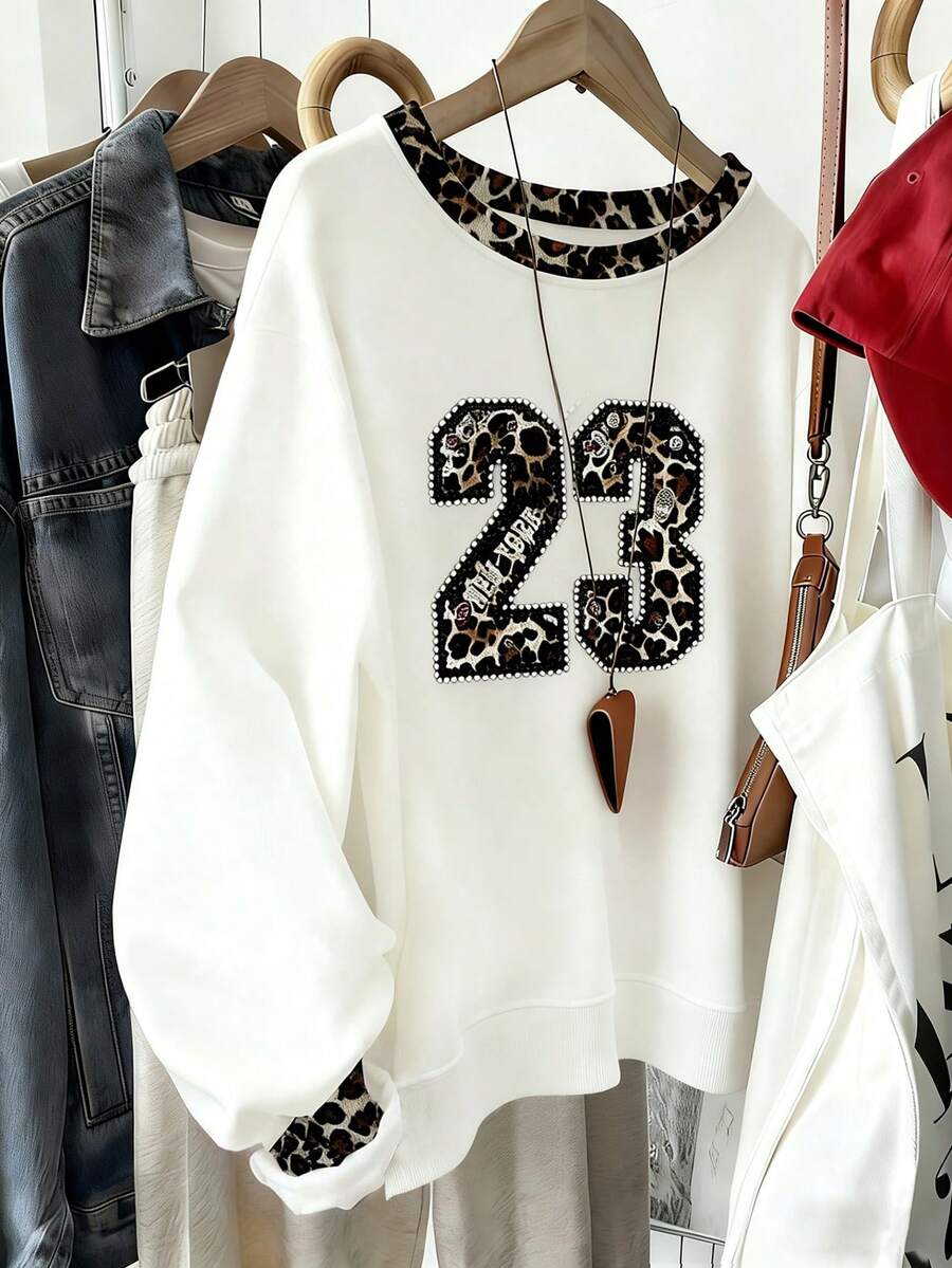 Resyla Women's Casual Everyday Commute Fashion Street Leopard Print Number Letter Rhinestone Graphic Dropped Shoulder Loose Ringer Crew Neck Sweatshirt, Spring/Autumn - White - View 1