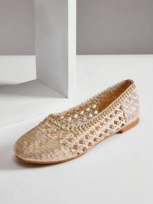 SHUZIA Ladies Elegant Woven PU Ballet Flats - Gold - View 6