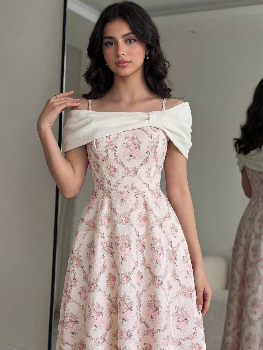 SHEIN Teen Girls A-Line Off-Shoulder Colorblock Floral Print Dress,Kids - Pink - View 1