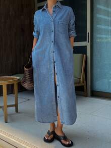 DAZY Women's Casual Washed Pocket Denim Shirt Dress, Spring/Summer - Blue - View 5