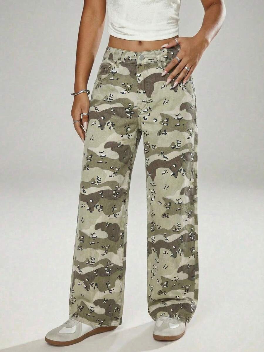 SHEIN ICON Women's Pocketed Button Camo Casual Versatile Daily Wear Jeans - Multicolor - View 1