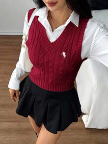 SHEIN PETITE 女款休閒針織背心，酒紅色，秋季，優雅大方，校園風，返校季大學風，聖誕節感恩節新年上衣，適合嬌小女性 - 酒紅色 - 查看 9