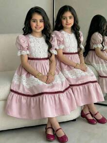 SHEIN Tween Girl Elegant Light Pink & White Color Block Ruffle Lace Trim Puff Sleeve Midi Princess Dress, Tween Girl Vintage Autumn Tea Party Dress, Partywear - Pink - View 1