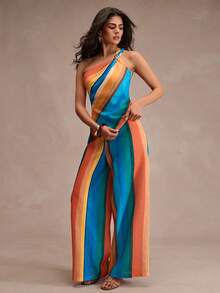 CLARA VERO Set di top monospalla a righe e pantaloni a zampa, vestibilità regular, perfetto per feste estive, vacanze al mare o weekend, realizzato in tessuto leggero non elastico al 100% in poliestere - Multicolore - Visualizzare 1