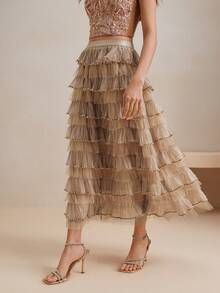 Anewsta 女士高腰多层薄纱珍珠装饰中长裙 - 卡其色 - 查看 3
