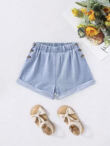 Shorts vaqueros de mezclilla azul claro lavada de estilo casual para niñas preadolescentes, diseño versátil y de moda - Azul - Ver 4