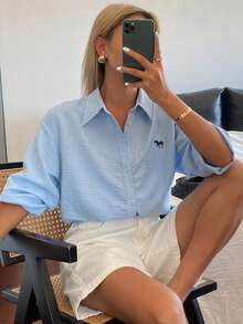 DAZY 女士动物纹单排扣休闲百搭日常长袖衬衫 - 白色 - 查看 5