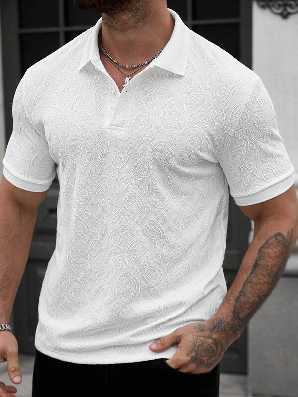 Manfinity CasualCool Men's Casual Solid Color Cashew Texture Short Sleeve Polo Shirt, Summer