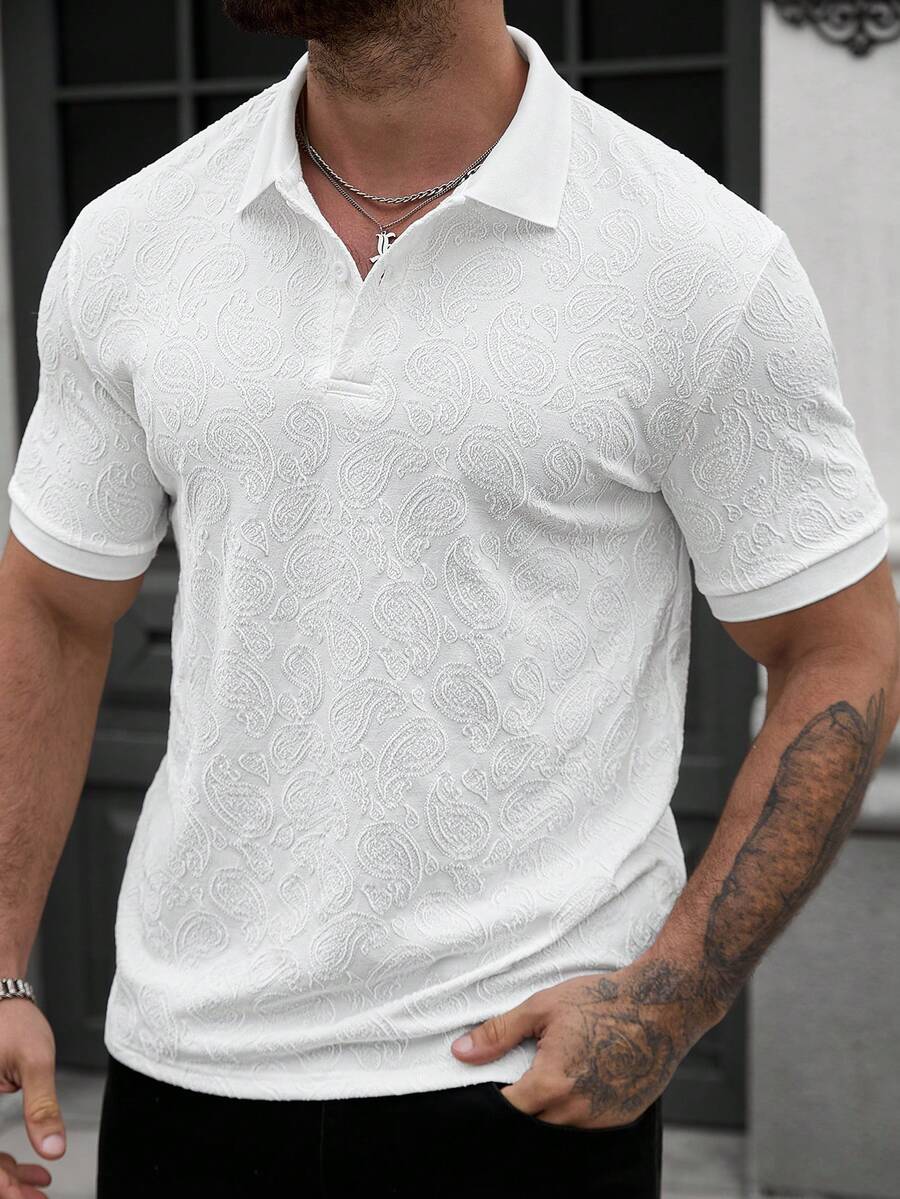 Manfinity Homme Men's Casual Solid Color Cashew Texture Short Sleeve Polo Shirt, Summer Men Casual White Sets White Polo Shirt For Men Men White Tops Mens Golf Shirt Old Money,Daily Leisure, Weekend Trips, Outdoor Activities, Travel Expeditions, Relaxed Work Environments Or Semi-Formal Occasions, Boyfriend/Husband Gift, Anniversary /Birthday Gift Party Summer Vacation Holiday,Wedding,Spring To Summer Men Cruise Outfit Yacht Outfit Men Men Beach Outfit - White - View 1