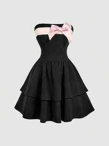 SHEIN MOD 黑色无肩带层叠迷你连衣裙，饰有粉色蝴蝶结 – 优雅修身A字裙摆，适合女士春夏约会、派对、春假、度假、野餐、节日、生日等场合。 - 黑色 - 查看 2