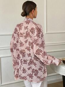 2026 Blusa/camisa casual de verano de unicolor, holgada y con cuello acampanado transparente, ropa de otoño con manga larga - Rosa - Ver 2