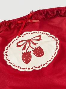 SHEIN MOD 复古可爱红色樱桃印花蕾丝边双层裙摆蛋糕裙——约会、派对、女士春夏装、春假、度假、野餐、节日、生日装 - 紅色 - 查看 3