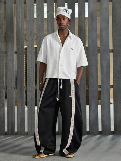 NEON BLANC Men's Casual Fashionable Woven Short Sleeve Shirt With Embroidered Polar Bear Design, Suitable For Summer