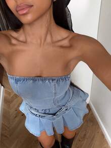 StreetHx 休闲印花短款牛仔连衣裙，街头风夏季度假穿搭 - 淺色水洗藍 - 查看 7