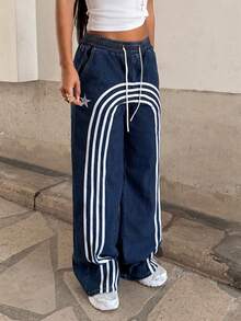 StreetHx 女士时尚休闲百搭刺绣直筒牛仔裤 - 深色水洗藍 - 查看 6