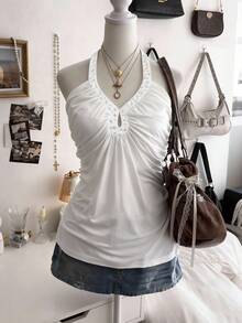 Lalippa 女士珍珠装饰露背吊带上衣 - 白色 - 查看 1