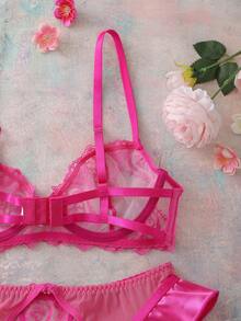 Conjunto de lencería sexy con 5 piezas, sujetador con aros y bordado de corazón - Rosa Fucsia - Ver 9