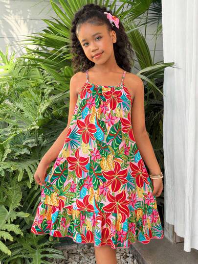 SHEIN 1 pieza Vestido midi de línea A sin mangas con estampado floral tropical para niñas, corte holgado con volante en el bajo, adecuado para verano, viajes, vacaciones en la playa y uso diario casual