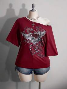 SHEIN ICON Camiseta holgada con hombros oblicuos y estampado punk para mujer de talla grande - Burdeos - Ver 3