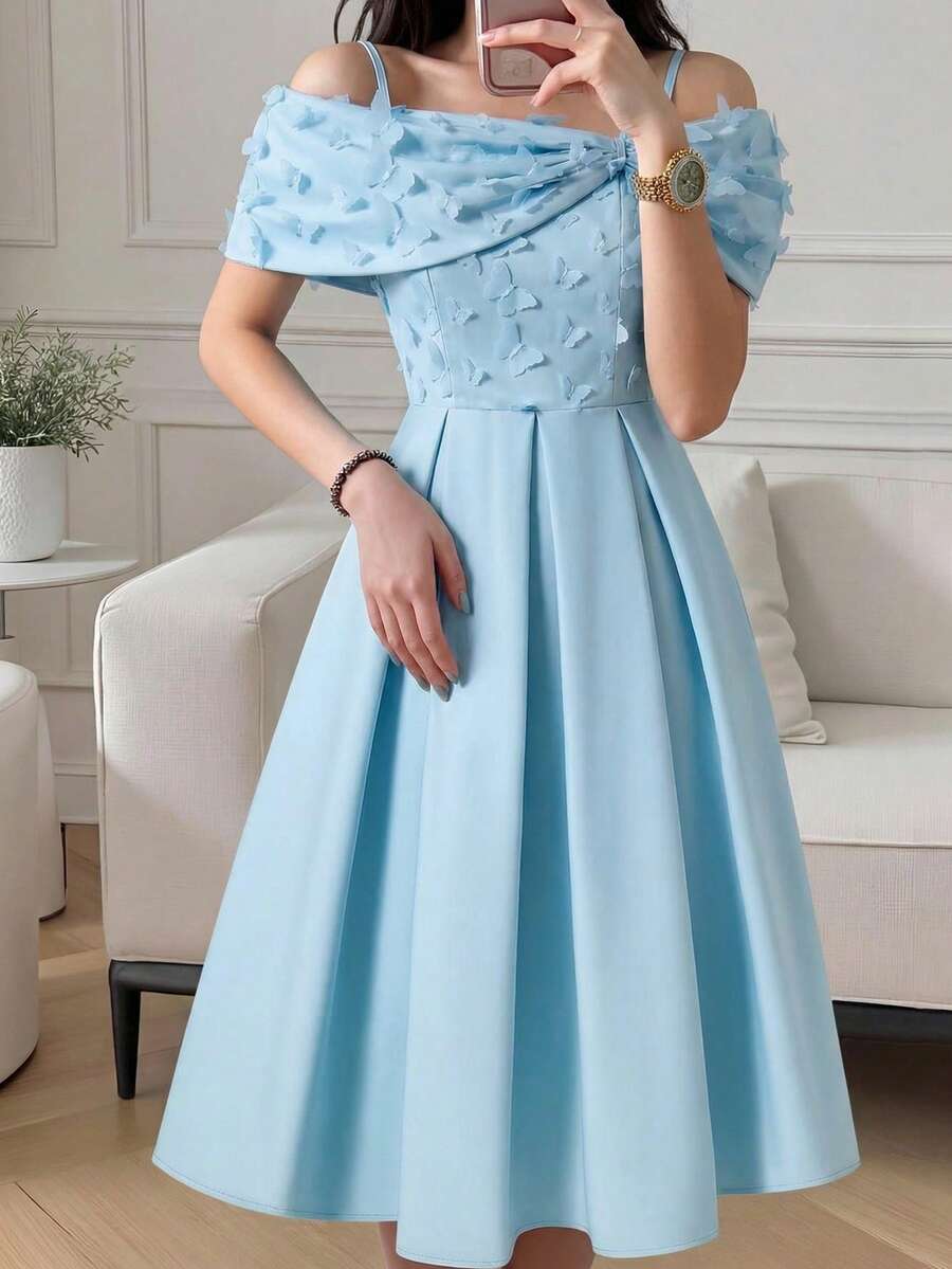 SHEIN Đầm xòe trễ vai thắt eo, nơ dành cho thiếu nữ, thích hợp dự tiệc. - Màu xanh lam - Xem 1