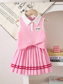 Elladie kids 两件套女童校服套装，包括一件无袖针织T恤上衣和一条百褶迷你裙，适合上学、旅行、户外活动、演出和日常穿着。 - 粉色 - 查看 3