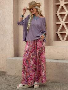 Wildy Conjunto básico de mujer de 2 piezas con camiseta holgada y pantalones, estilo BOHO, casual, americano, occidental, vintage, con patrón desgastado para uso diario en primavera/verano - Multicolor - Ver 3