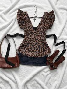 Franclia 时尚简约柔软浪漫V领豹纹系带蝴蝶结女式衬衫，夏季款 - 咖啡棕 - 查看 2