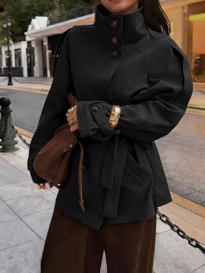 Elyressa Women's Solid Color Raglan Sleeve Casual Trench Coat Modest Top Black Coat