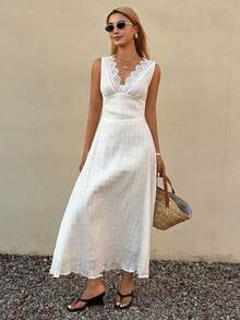 DAZY Women's Solid Color Contrast Lace Deep V-Neck Sleeveless Dress Sundress Vacation - White - View 5