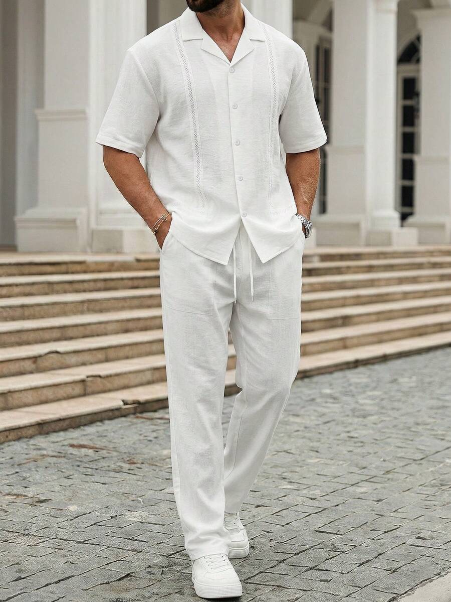 Manfinity Homme 男士舒适亚麻质感短袖荷叶边衬衫搭配抽绳松紧腰长裤，适合男士休闲度假、朋友聚会、派对、办公、商务休闲等场合，尤其适合春秋季穿着。 - 白色 - 查看 1