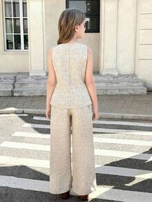 SHEIN 少女休闲优雅通勤街头风金属纽扣方领无袖上衣和直筒裤两件套米色套装 - 杏色 - 查看 2